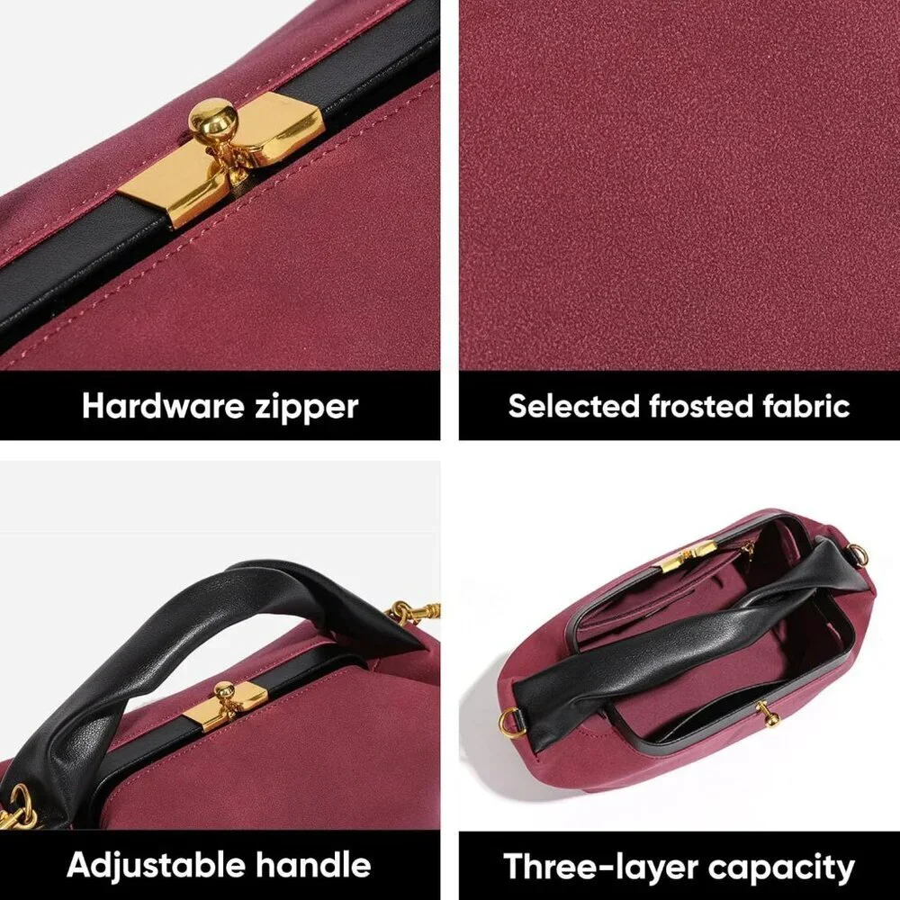 Women's Wine Red Faux Suede Vintage Slouchy Soft Satchel Kiss Lock Hobo Handbag